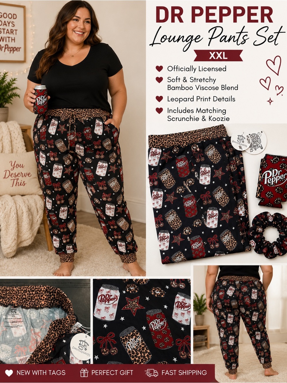 NWT Dr Pepper Lounge Pants XXL Leopard + Matching Koozie & Scrunchie